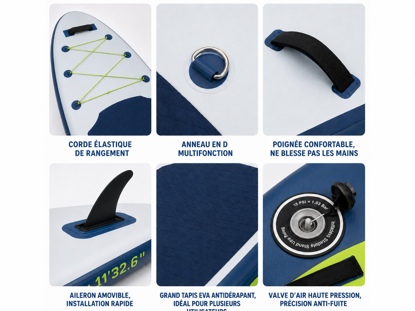 Détails du paddle Alizé — corde élastique de rangement, anneau en D, poignée de transport, aileron amovible, tapis EVA antidérapant et valve haute pression
