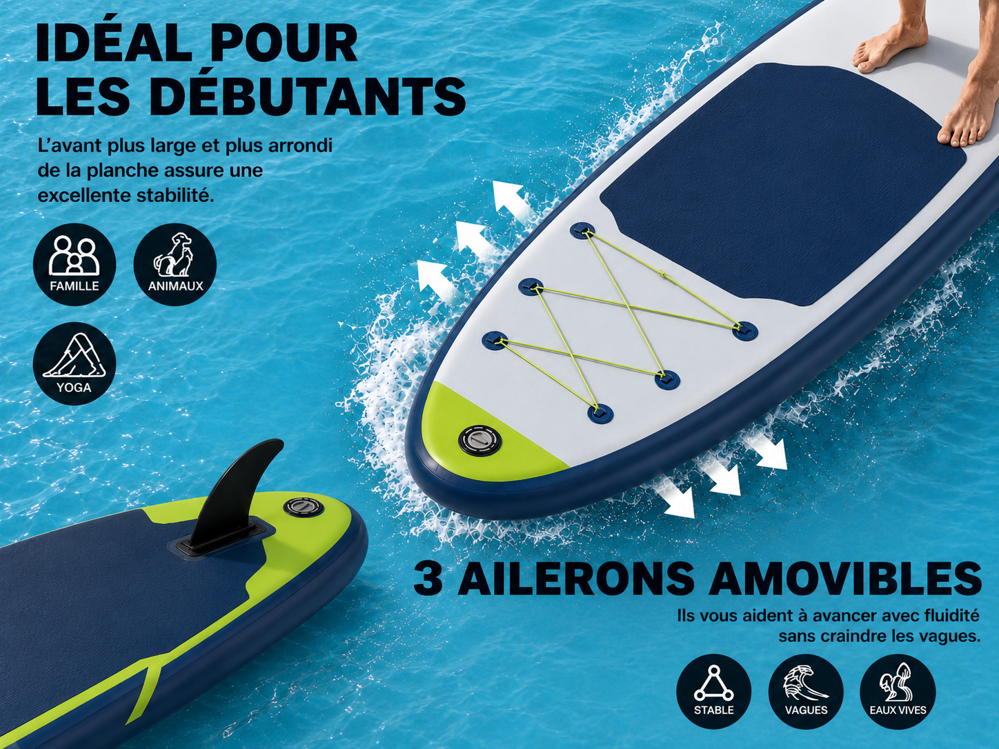 Paddle Alizé sur l'eau — avant large et arrondi pour une bonne stabilité, adapté aux débutants, à la famille et aux animaux